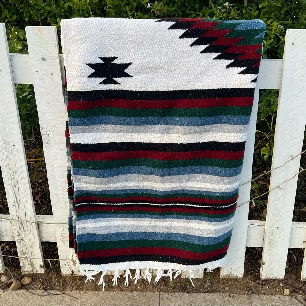 Mexican Woven Diamond Serape Fringed Blanket Rug Blue Red Green 46x71 GUC